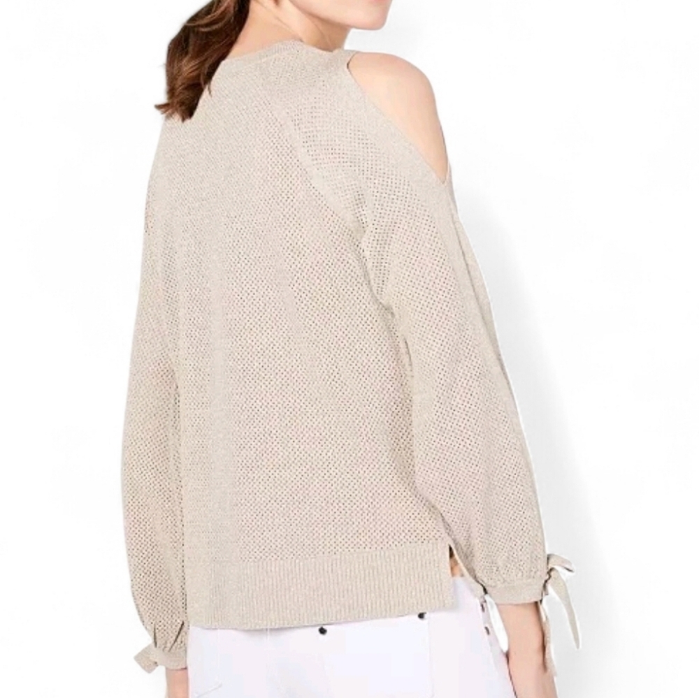 NEW INC INTERNATIONAL CONCEPTS L Tan Metallic Split Long Sleeve Knit Sweater - Picture 2 of 16